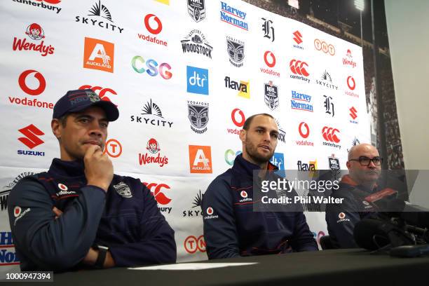 Warriors coach Stephen Kearney, Simon Mannering and CEO Cameron George as Simon Mannering holds a press conference to announce his retirement at Mt...