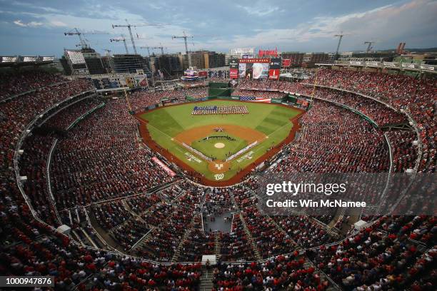 General view as the national anthem is performed before the 89th MLB All-Star Game, presented by Mastercard at Nationals Park on July 17, 2018 in...