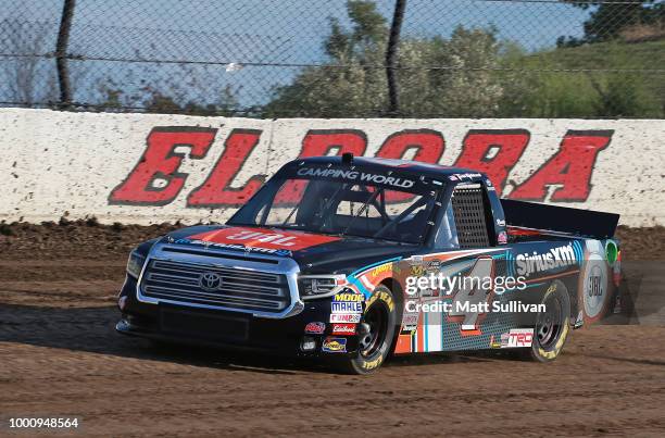 Todd Gilliland, driver of the JBL.SiriusXM Toyota, practices for the NASCAR Camping World Truck Series Eldora Dirt Derby at Eldora Speedway on July...