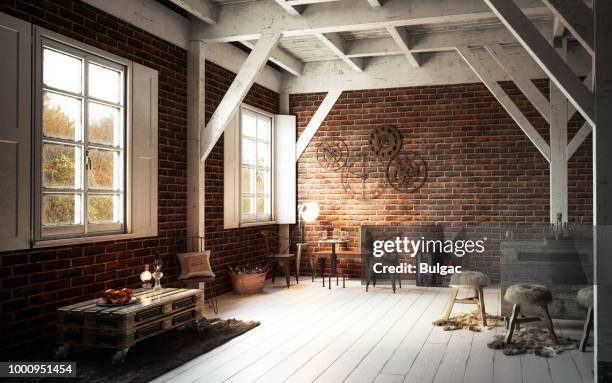 warm en gezellig rustiek interieur - table brick wall wood stockfoto's en -beelden