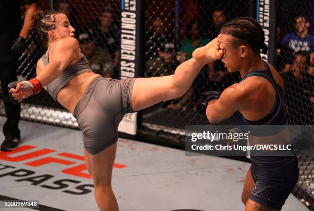 Maycee Barber kicks Jamie Colleen in their womens strawweight fight during Dana White's Tuesday Night Contender Series at the TUF Gym on July 17,...