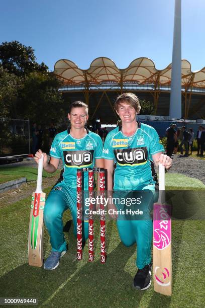 Brisbane Heat WBBL players Jess Jonassen and Sammy-Jo JohnsonÊposeÊduring the Big Bash League Fixture Announcement at Metricon Stadium on July 18,...