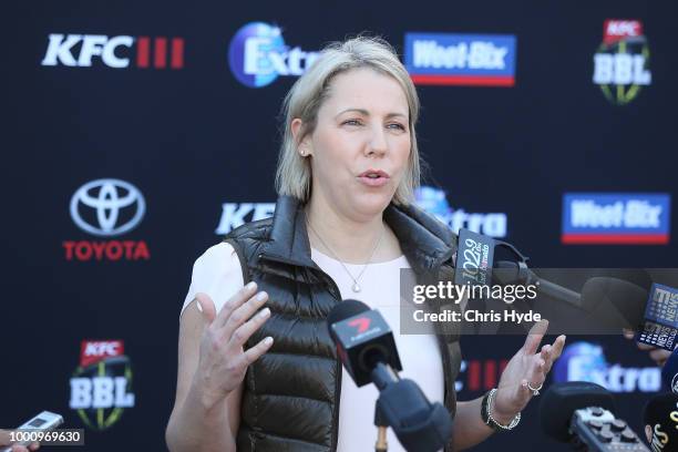 Cricket Australia Head of Big Bash, Kim McConnie speaks to media during the Big Bash League Fixture Announcement at Metricon Stadium on July 18, 2018...