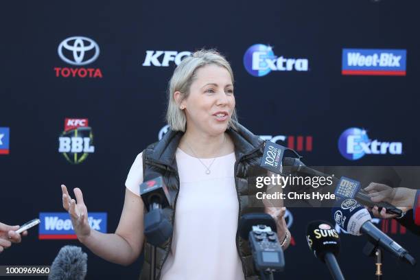 Cricket Australia Head of Big Bash, Kim McConnie speaks to media during the Big Bash League Fixture Announcement at Metricon Stadium on July 18, 2018...