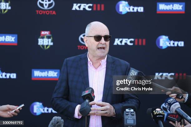 Gold Coast Suns Chairman, Tony Cochrane speaks to media during the Big Bash League Fixture Announcement at Metricon Stadium on July 18, 2018 in Gold...