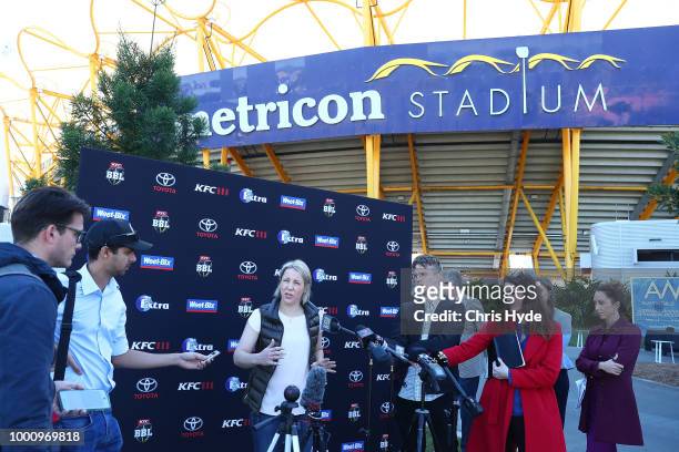 Cricket Australia Head of Big Bash, Kim McConnie speaks to media during the Big Bash League Fixture Announcement at Metricon Stadium on July 18, 2018...