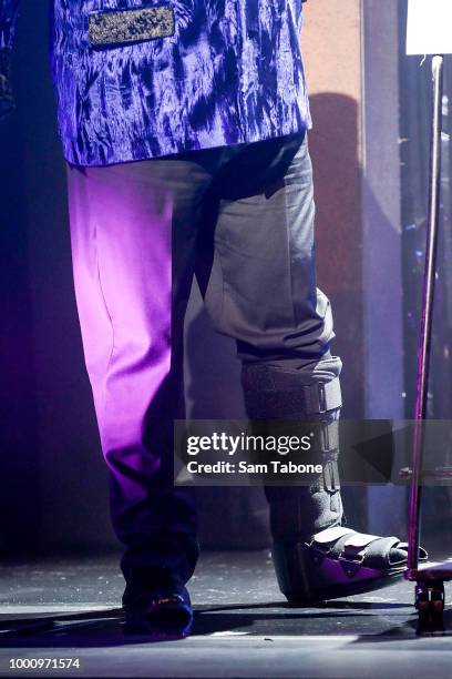 Shane Jacobsons moon boot during a media preview for Rocky Horror Show at Her Majesty's Theatre on July 18, 2018 in Melbourne, Australia.