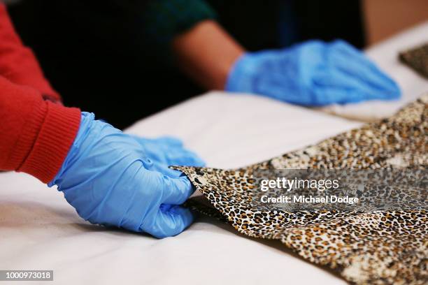 Handlers unveil a shirt worn by Nelson Mandela at Melbourne Museum on July 18, 2018 in Melbourne, Australia. Mandela My Life: The Official Exhibition...