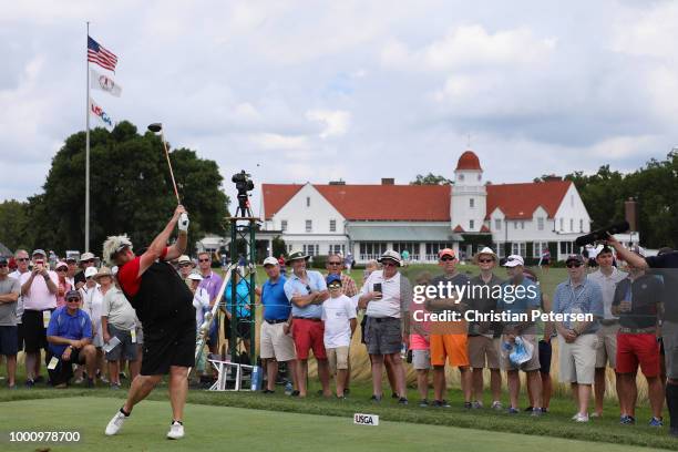 Laura Davies of England plays a tee shot on the 16th hole during the final round of the U.S. Senior Women's Open at Chicago Golf Club on July 15,...