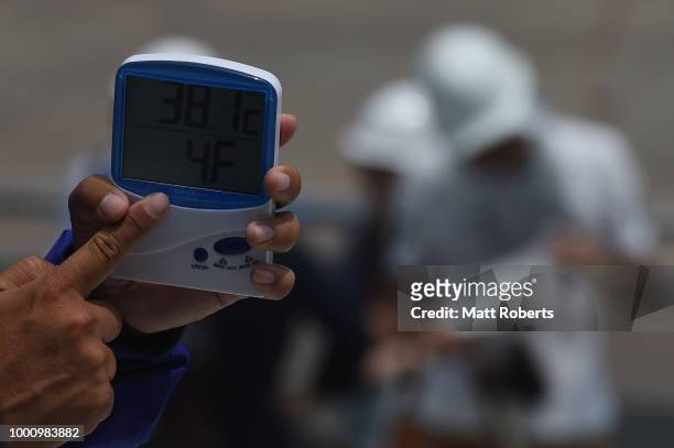 Detailed view of a thermometer showing the current tempature inside the stadium as 38.1 degrees celsius during the Tokyo 2020 Olympic new National...