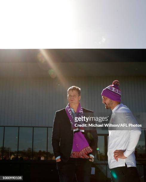Jarryn Geary of the Saints and Nick Riewoldt chat after a cheque for $5,000 from the AFLPA Players Care to Maddie Riewoldt's Vision was presented...