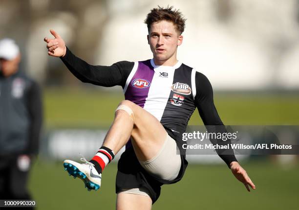 Jack Billings of the Saints in action during an AFL media opportunity at RSEA Park on July 18, 2018 in Melbourne, Australia.