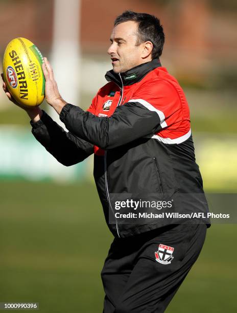 Ben Dixon, Goal Kicking Coach of the Saints in action during an AFL media opportunity at RSEA Park on July 18, 2018 in Melbourne, Australia.