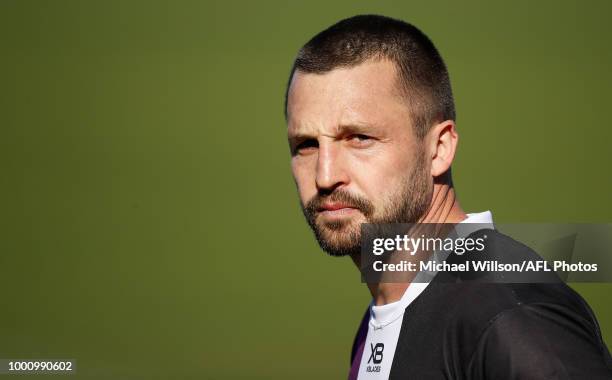 Jarryn Geary of the Saints in action during an AFL media opportunity at RSEA Park on July 18, 2018 in Melbourne, Australia.