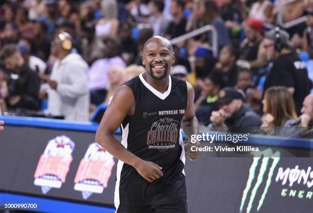 Floyd Mayweather Jr. Attends 50K Charity Challenge Celebrity Basketball Game at UCLA's Pauley Pavilion on July 17, 2018 in Westwood, California.