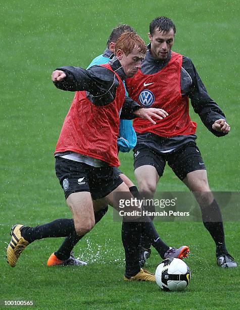 Aaron Clapham takes the ball forward during a New Zealand All Whites training session at North Harbour Stadium on May 21, 2010 in Auckland, New...