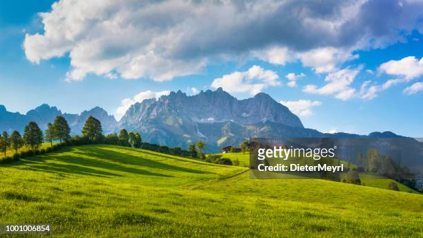 idyllischer alpenkulisse, bauernhaus vor wilder kaiser, österreich, tirol - kaisergebirge - austria stock-fotos und bilder