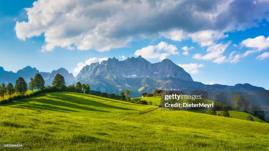 Idyllic alpine scenery, farmhouse in front of Wilder Kaiser, Austria, Tirol  - Kaiser Mountains