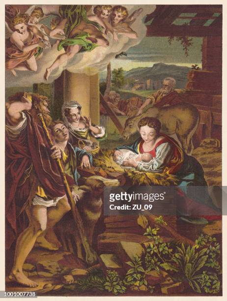 ilustraciones, imágenes clip art, dibujos animados e iconos de stock de noche santa, pintada (1522/30) por correggio (1489-1535), cromolitografía, publicado 1890 - nativity scene painting