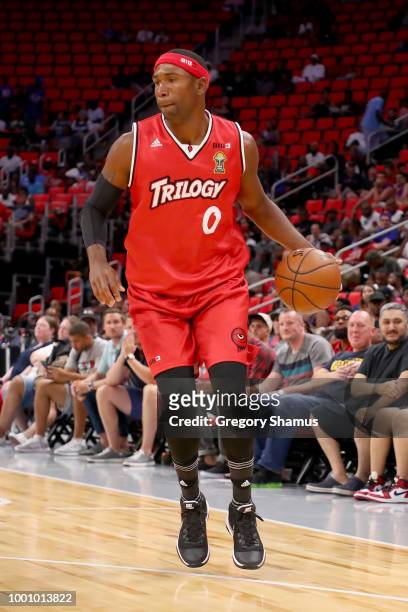 Derrick Byars of Trilogy dribbles the ball during the game against the Killer 3's during BIG3 - Week Four at Little Caesars Arena on July 13, 2018 in...