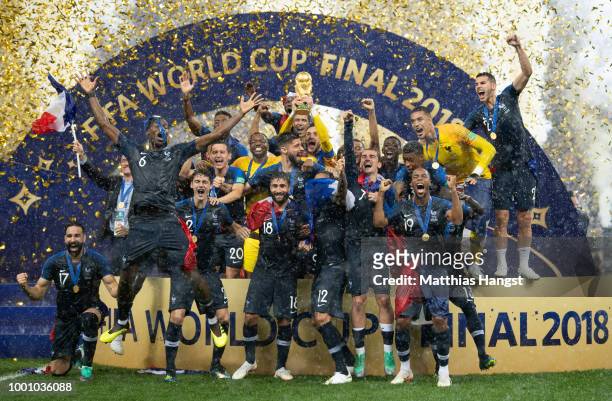 The team of France celebrates with the World Cup trophy after the 2018 FIFA World Cup Final between France and Croatia at Luzhniki Stadium on July...