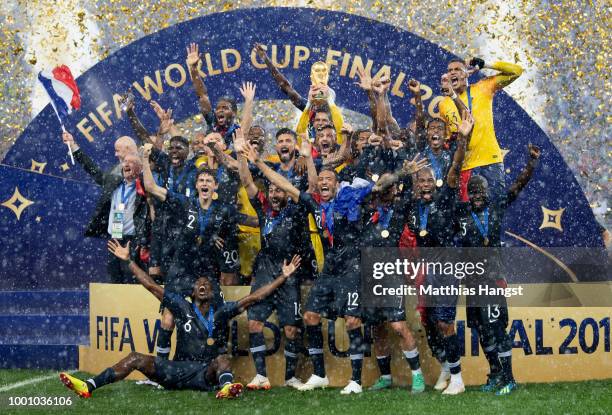 The team of France celebrates with the World Cup trophy after the 2018 FIFA World Cup Final between France and Croatia at Luzhniki Stadium on July...