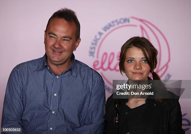 Sailor Jessica Watson speaks to the media as father Roger Watson looks on at a media conference held by her around the world voyage sponsors at The...