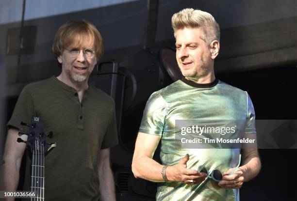 Trey Anastasio and Mike Gordon of Phish take the stage during the band's 2018 Summer Tour opening night at Lake Tahoe Outdoor Arena At Harveys on...