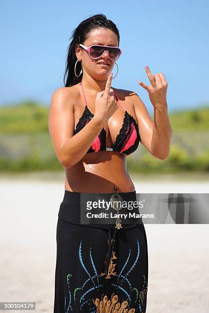Jenni 'J Wow' Farley is seen playing volleyball on May 20, 2010 in Miami Beach, Florida.