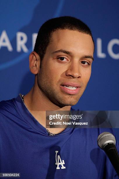 James Loney speaks at the Los Angeles Dodger's news conference announcing partnership with Taiwan Tourism Board on May 20, 2010 in Los Angeles,...