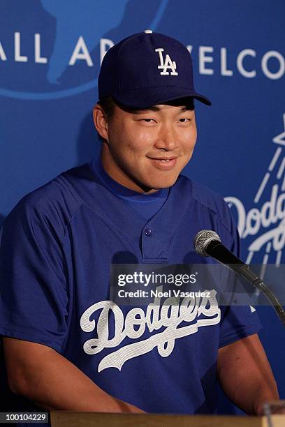 Hong-Chih Kuo speaks at the Los Angeles Dodger's news conference announcing partnership with Taiwan Tourism Board on May 20, 2010 in Los Angeles,...