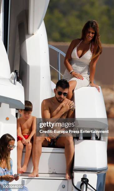Barcelona football player Lionel Messi's wife Antonella Roccuzzo and her son Thiago Messi are seen on July 17, 2018 in Ibiza, Spain.