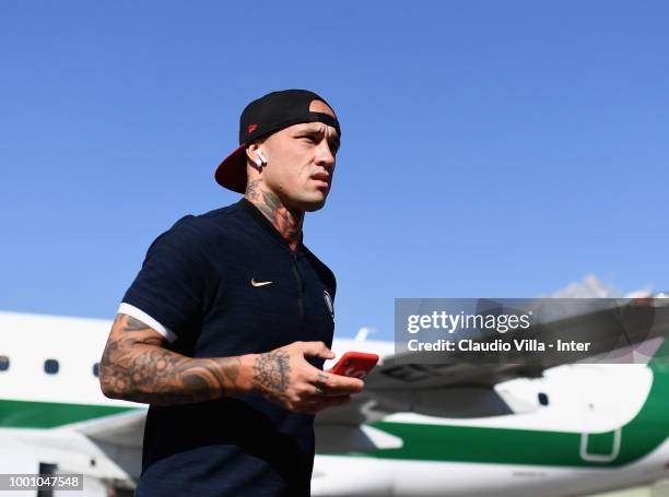 Radja Nainggolan of FC Internazionale arrives to Sion Airport on July 18, 2018 in Varese, Italy.