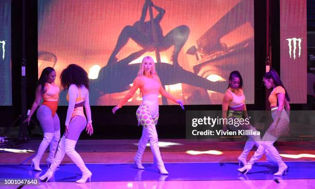 Iggy Azalea performs at Monster Energy Outbreak Presents $50K Charity Challenge Celebrity Basketball Game at UCLA's Pauley Pavilion on July 17, 2018...