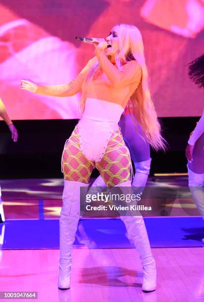 Iggy Azalea performs at Monster Energy Outbreak Presents $50K Charity Challenge Celebrity Basketball Game at UCLA's Pauley Pavilion on July 17, 2018...