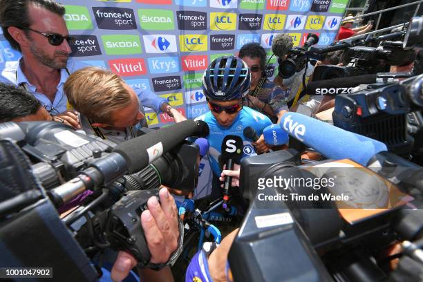 Nairo Quintana of Colombia and Movistar Team / Interview / Sebastien Piquet of France / Journalist / Radio Tour SpeakerPress / Media / during the...