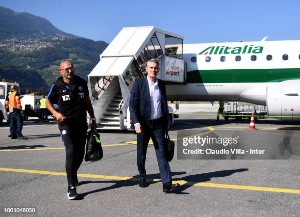 Head coach FC Internazionale Luciano Spalletti and CEO FC Internazionale Alessandro Antonello arrive to Sion Airport on July 18, 2018 in Varese,...