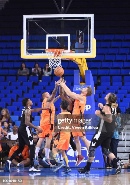James Kyson, Colton Underwood and Bryan Braman attend Monster Energy Outbreak Presents $50K Charity Challenge Celebrity Basketball Game at UCLA's...