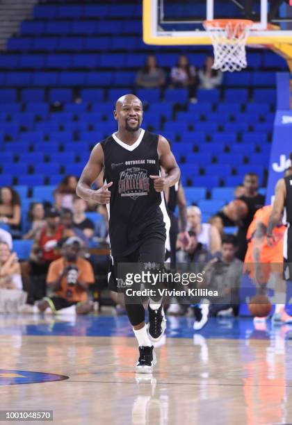 Floyd Mayweather plays basketball at Monster Energy Outbreak Presents $50K Charity Challenge Celebrity Basketball Game at UCLA's Pauley Pavilion on...