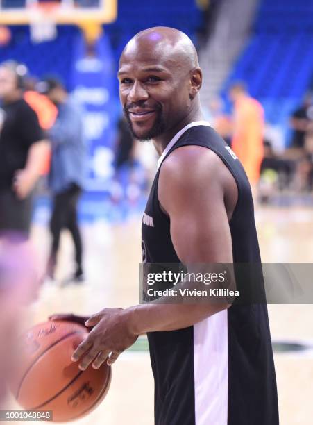 Floyd Mayweather plays basketball at Monster Energy Outbreak Presents $50K Charity Challenge Celebrity Basketball Game at UCLA's Pauley Pavilion on...