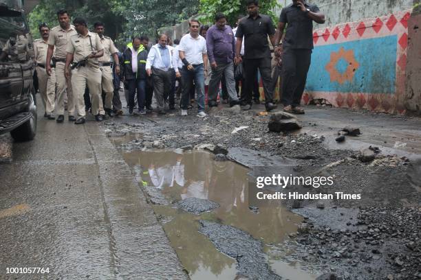Commissioner Thane Sanjeev Jaiswal visits to inspect the bad condition of roads, on July 17, 2018 in Mumbai, India.