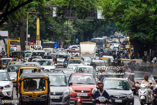 Traffic Jam on JM road after a heavy rainfall, on July 17, 2018 in Pune, India. On Monday, Pune received 38 mm rainfall from 8.30am to 5.30pm while...