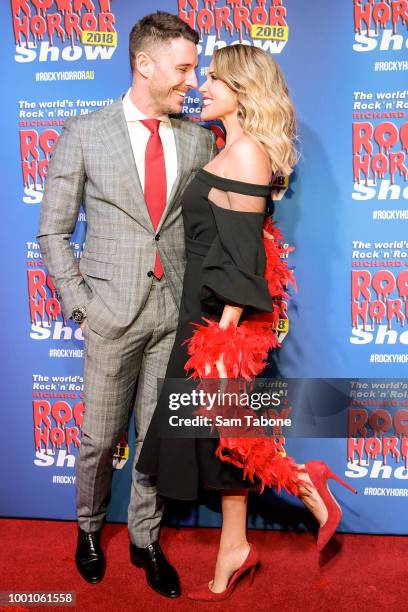 Lee Elliott and Georgia Love attends the opening of the Rocky Horror Show at Her Majesty's Theatre on July 18, 2018 in Melbourne, Australia.