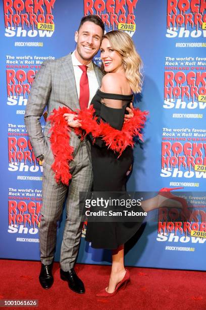 Lee Elliott and Georgia Love attends the opening of the Rocky Horror Show at Her Majesty's Theatre on July 18, 2018 in Melbourne, Australia.