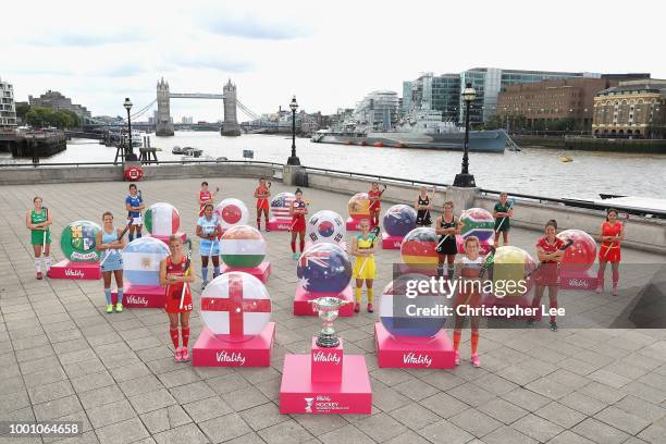 Captains of all 16 nations, Delfina Merino of Argentina, Emily Smith of Australia, Anouk Raes of Belgium, Qiuxia Cui of China, Alex Danson of...