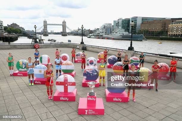 Captains of all 16 nations, Delfina Merino of Argentina, Emily Smith of Australia, Anouk Raes of Belgium, Qiuxia Cui of China, Alex Danson of...