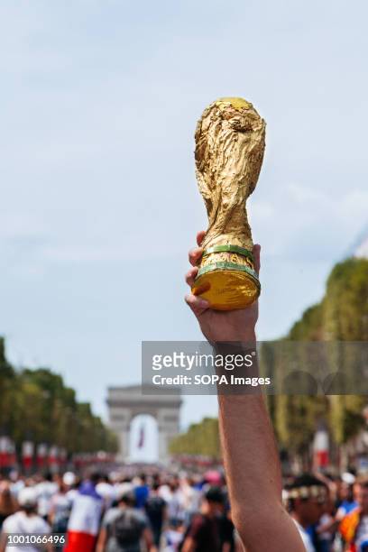 Man seen holding a replica World Cup trophy as a symbol of victory for the French team while thousands of supporters gathers at Champs Elysée to...