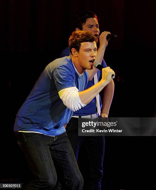 Actors/singers Cory Monteith and Chris Colfer of Fox TV's "Glee" perform at The Gibson Amphitheater on May 20, 2010 in Universal City, California.