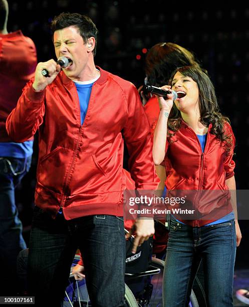 Actors/singers Cory Monteith and Lea Michele of Fox TV's "Glee" perform at The Gibson Amphitheater on May 20, 2010 in Universal City, California.