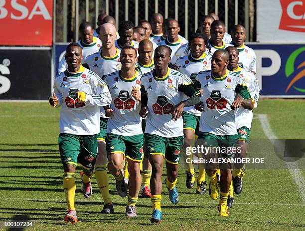 Bafanas Bafanas run during a training session in Johannesburg on May 20, 2010. South Africa occupy Group A with former winners France as well as...